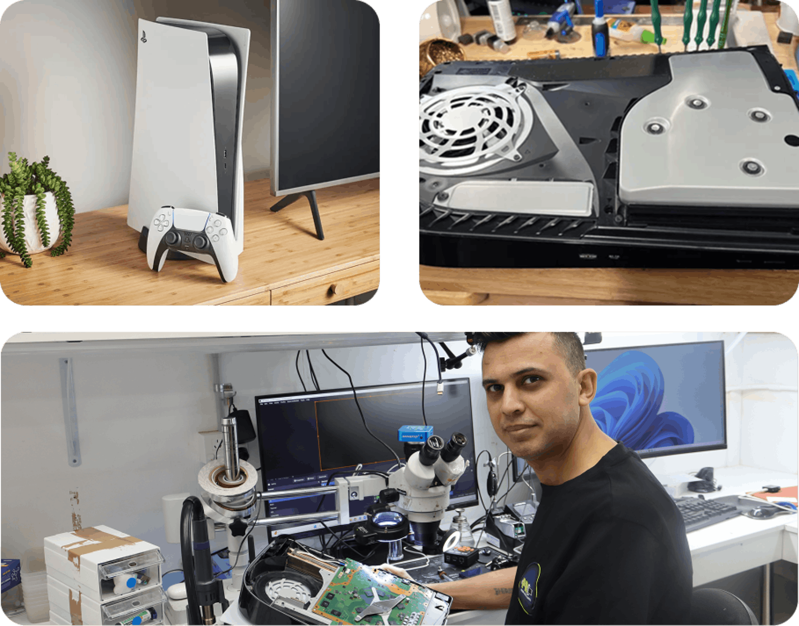 PlayStation 5 motherboard diagnostics and liquid metal thermal service bench